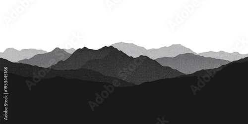 A misty mountain range silhouette peaks through a morning fog at sunrise, revealing a blue valley landscape with clouds and forest hills under a scenic sky