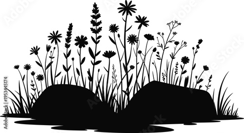 Black and white stylized vector illustration of meadow scene with large rocks, tall grasses, diverse wildflowers, and natural countryside design