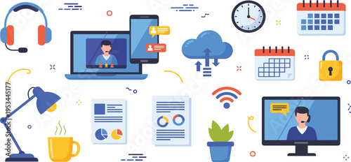 Comprehensive Digital Remote Workspace Icon Set Featuring Video Call Conferencing, Cloud Data Synchronization, High-Speed Wi-Fi, and Professional Business Management Vector Illustrations