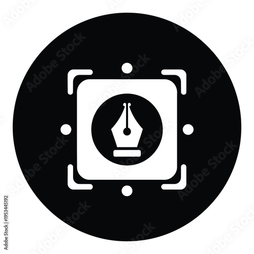 Graphic symbol of a pen nib in a square frame on a circle background icon