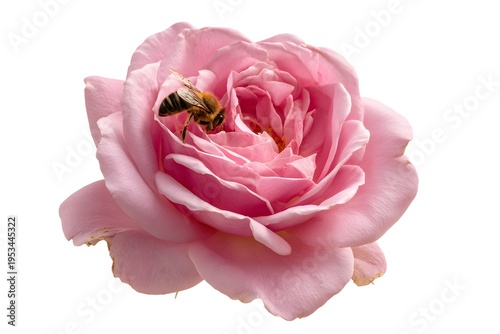 Bee Collecting Pollen on Pink Rose Isolated on White Background, Macro Floral Pollination Detail, Minimalist Nature Studio Photography