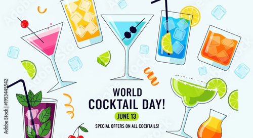 Vibrant cocktails with fruits and garnishes celebrate world cocktail day with colorful drinks and citrus slices on a light blue background