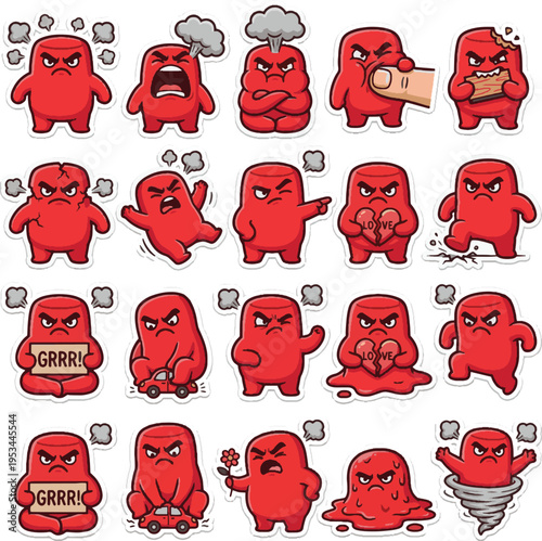 Cute Angry Mascot Vector Sticker. Red furious character with smoke and frown emotion isolated.