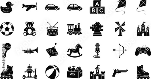Kids toys icons set, children play objects collection, educational and fun items, cartoon silhouette symbols, entertainment elements vector isolated