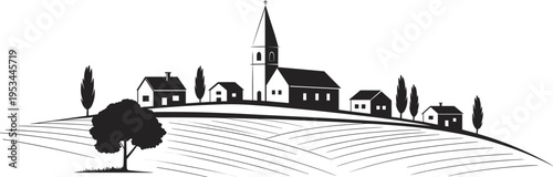 Black and white stylized vector illustration of peaceful rural countryside village with church steeple, houses, farmland fields, and surrounding trees