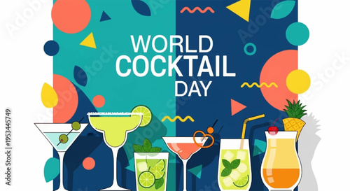 Vibrant world cocktail day celebration with assorted colorful cocktails and festive decorations on a lively background