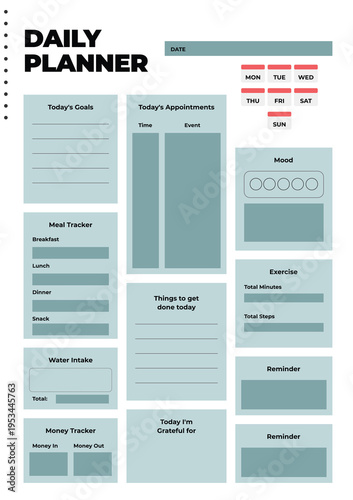 A daily planner template with a clean and modern design on a teal background