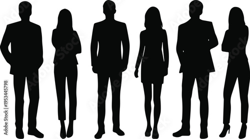 Business people silhouettes standing in formal poses isolated on white background, corporate men and women team concept illustration