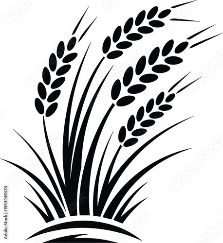 Black and white stylized vector illustration of symmetrical wheat stalks with grain heads, curved leaves, agricultural farming emblem design