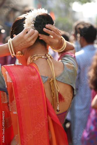 An Indian young woman in a traditional Marathi attire on a Hindu festival. 