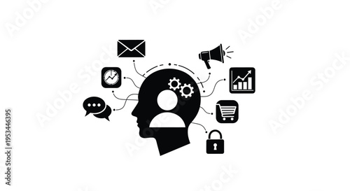 Black and white vector illustration representing human thought process connected to various business communication and security icons