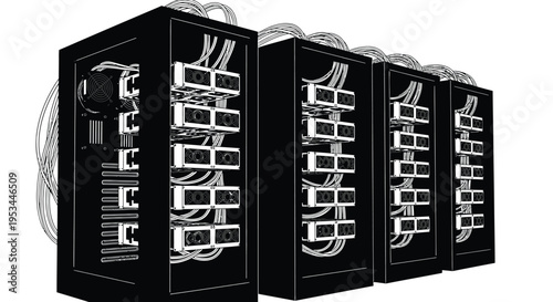 Vector graphic illustration showing multiple server racks equipped with powerful computing hardware for data processing.