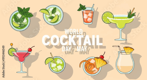 Variety of colorful cocktails with fruits and garnishes on a light background world cocktail day illustration