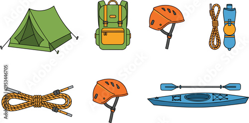 Camping and outdoor adventure icon set including tent backpack helmet rope kayak vector illustration colored isolated travel equipment design collection