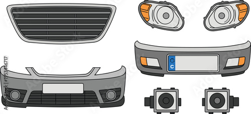 Car front parts and automotive components icon set including grille headlights bumper sensors vector illustration detailed isolated design collection