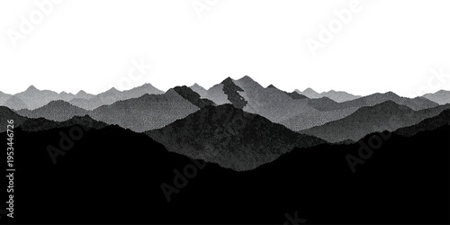 Black and white paper texture background featuring a misty mountain landscape at sunrise with snowy peaks and silhouettes of hills under a cloudy sky
