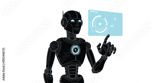 Black stylized robot interacting with a futuristic holographic user interface display screen