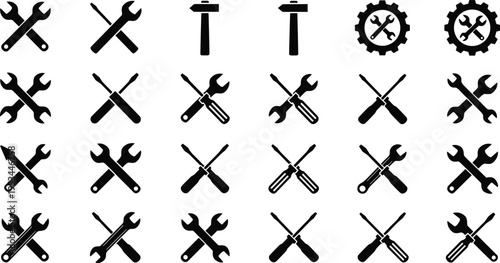 Repair Tool Icon Set Featuring Crossed Wrenches Screwdrivers Hammers and Gears Vector Silhouettes for Construction Maintenance Hardware Service and DIY Home Improvement Projects.