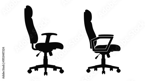 Two office chairs depicted in stark black shapes a bold silhouette