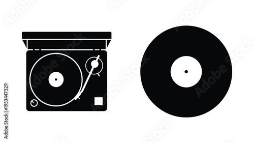 Minimalist record player and vinyl disc graphic black silhouette