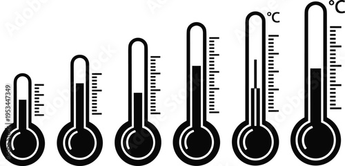Thermometer Icon Set Showing Various Temperature Levels with Celsius Scale Measurements Vector Silhouette for Weather Forecasting Climate Study and Scientific Heat Level Infographic Design.