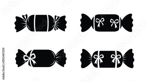 Four black candies with ribbons displayed against a white background silhouette