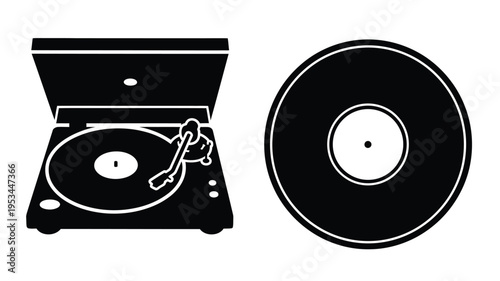 Record player and vinyl disc in stark black silhouette