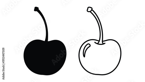 Two cherries depicted with contrasting styles one a dark silhouette