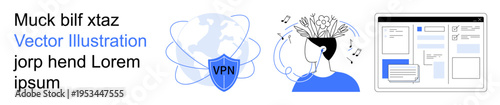 Online security, privacy protection, innovation, brainstorming, UI design, global connectivity. VPN shield with globe, person brainstorming UI mockup. Online security and privacy protection concept