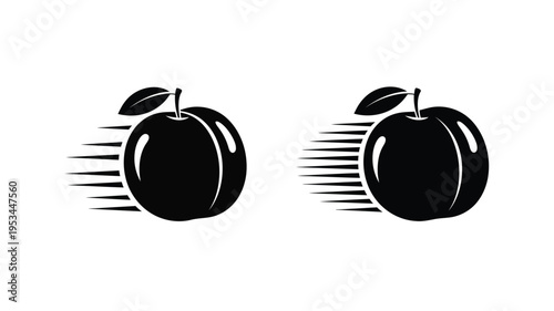 Two speeding apples depicted with dynamic lines a bold silhouette