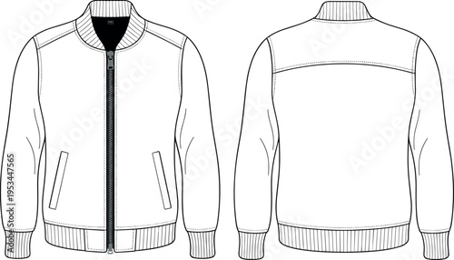 Technical fashion flat sketch of a bomber jacket with ribbed collar and cuffs, varsity style outerwear vector illustration for apparel tech pack design.