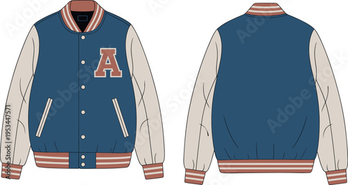 Technical fashion flat sketch of a classic varsity letterman jacket with blue body and cream sleeves, collegiate outerwear vector illustration for apparel tech pack design.