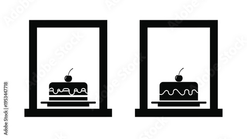 Two black framed displays showcase cherry topped cakes in silhouette