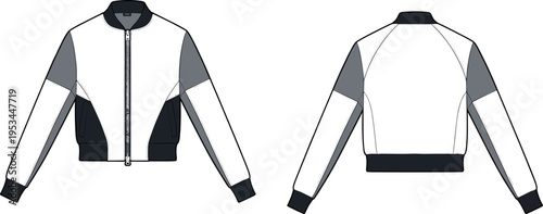 Technical fashion flat sketch of a cropped colorblock bomber jacket with raglan sleeves and zip front, modern streetwear vector illustration for apparel tech packs.