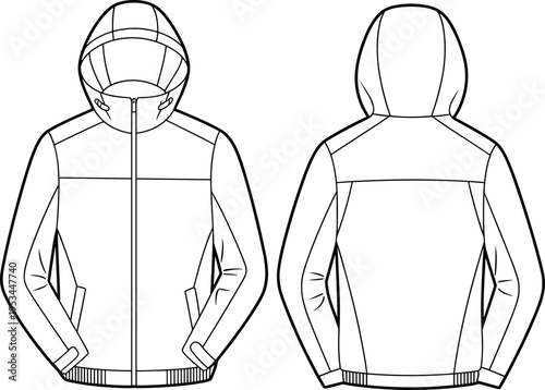 Technical fashion flat sketch of a hooded windbreaker jacket front and back view, apparel template for design mockups, vector illustration isolated white.