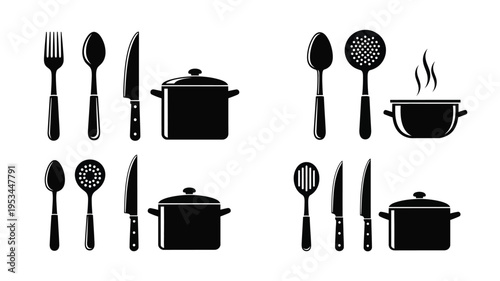Black kitchen utensils and cookware arranged in a grid silhouette