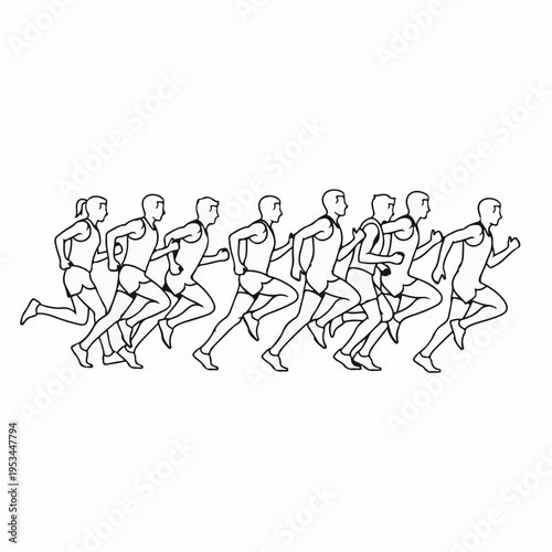 Black and white vector illustration of a group of 10 diverse runners in motion, depicting a race or marathon, ideal for sports and fitness designs.
