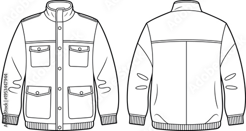 Technical fashion flat sketch of a men's utility bomber jacket with four pockets and rib knit cuffs front and back view vector illustration.