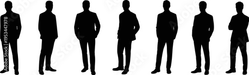 Businessman silhouettes collection, professional men standing poses set, corporate people figures, office style concept, black shapes, flat vector illustration