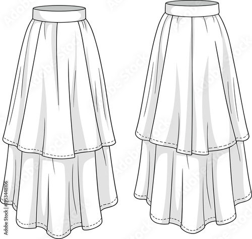 Technical fashion flat sketch of a tiered maxi skirt with high waist and flared silhouette, elegant long skirt vector illustration for apparel tech packs.