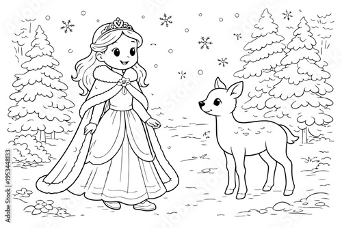 Winter princess meeting forest deer in snowy woods, presenting a fairytale scene for children's coloring activity, featuring fantasy character and cute animal illustration