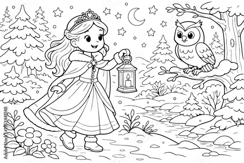 Princess with lantern and crown exploring a snowy winter forest at night, owl perched on a pine branch under stars and moon — whimsical line art for coloring