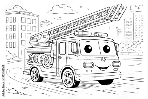 Cute cartoon fire engine with an extendable ladder and cheerful face driving on a city street, line art black and white illustration for children's coloring page activity
