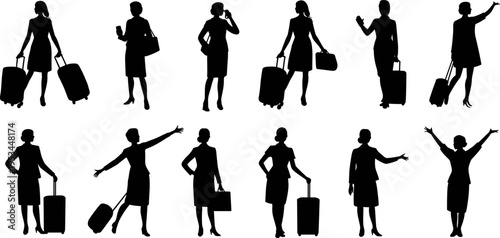businesswoman travel silhouettes set, female traveler with suitcase, airport journey concept, professional woman walking with luggage vector collection