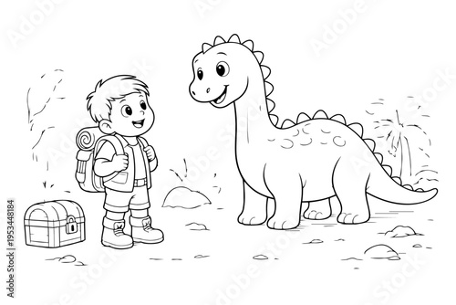 Adventurous boy explorer meeting friendly brontosaurus dinosaur, discovering a treasure chest in a prehistoric jungle, engaging in a fun coloring page activity