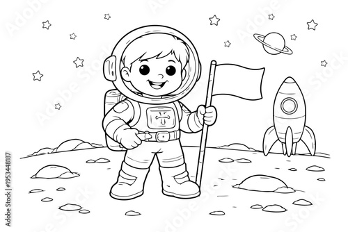 Happy cartoon astronaut boy standing on the moon holding a flag, exploring space with a rocket ship and stars, providing a fun coloring page for children's cosmic adventure and imagination