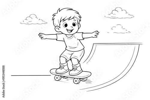 Boy skateboarding at a skate park, smiling while balancing on the board, representing childhood activity, sport, hobby, and a happy playful outdoor lifestyle