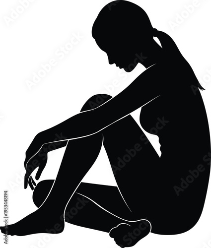 Black silhouette of a woman sitting on the floor in a contemplative pose isolated on white background