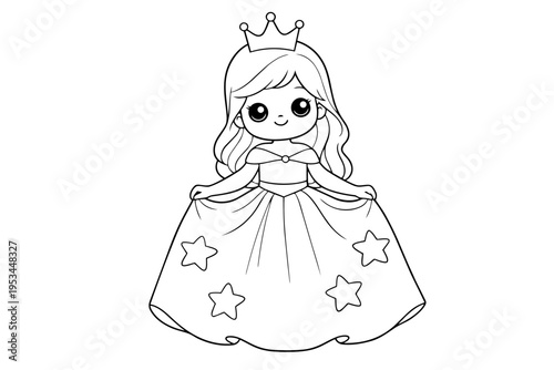Cute little princess girl standing in a detailed crown and star-adorned dress, smiling in black-and-white line art perfect for kids' coloring pages, educational and playful