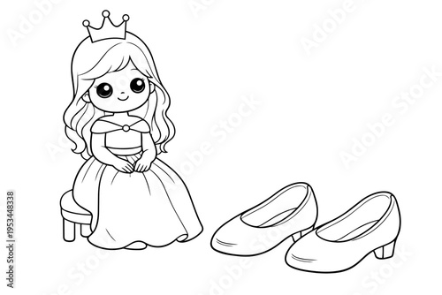 Chibi princess character wearing a crown and ball gown, sitting on a stool with elegant high heels shoes next to her, ready for coloring and creative activities